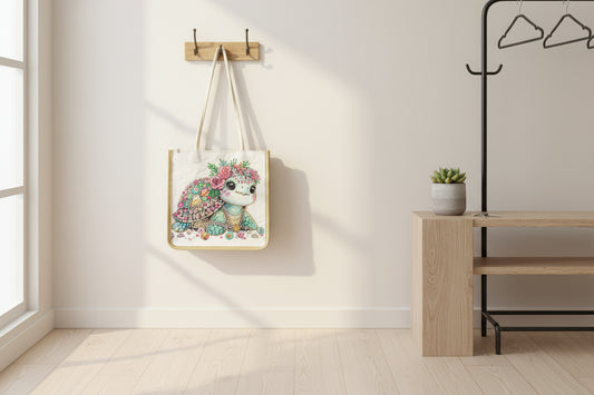 Canvas Bag with Colorful Baby Turtle Posing with Gems and Shells
