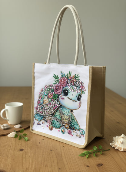 Canvas Bag with Colorful Baby Turtle Posing with Gems and Shells