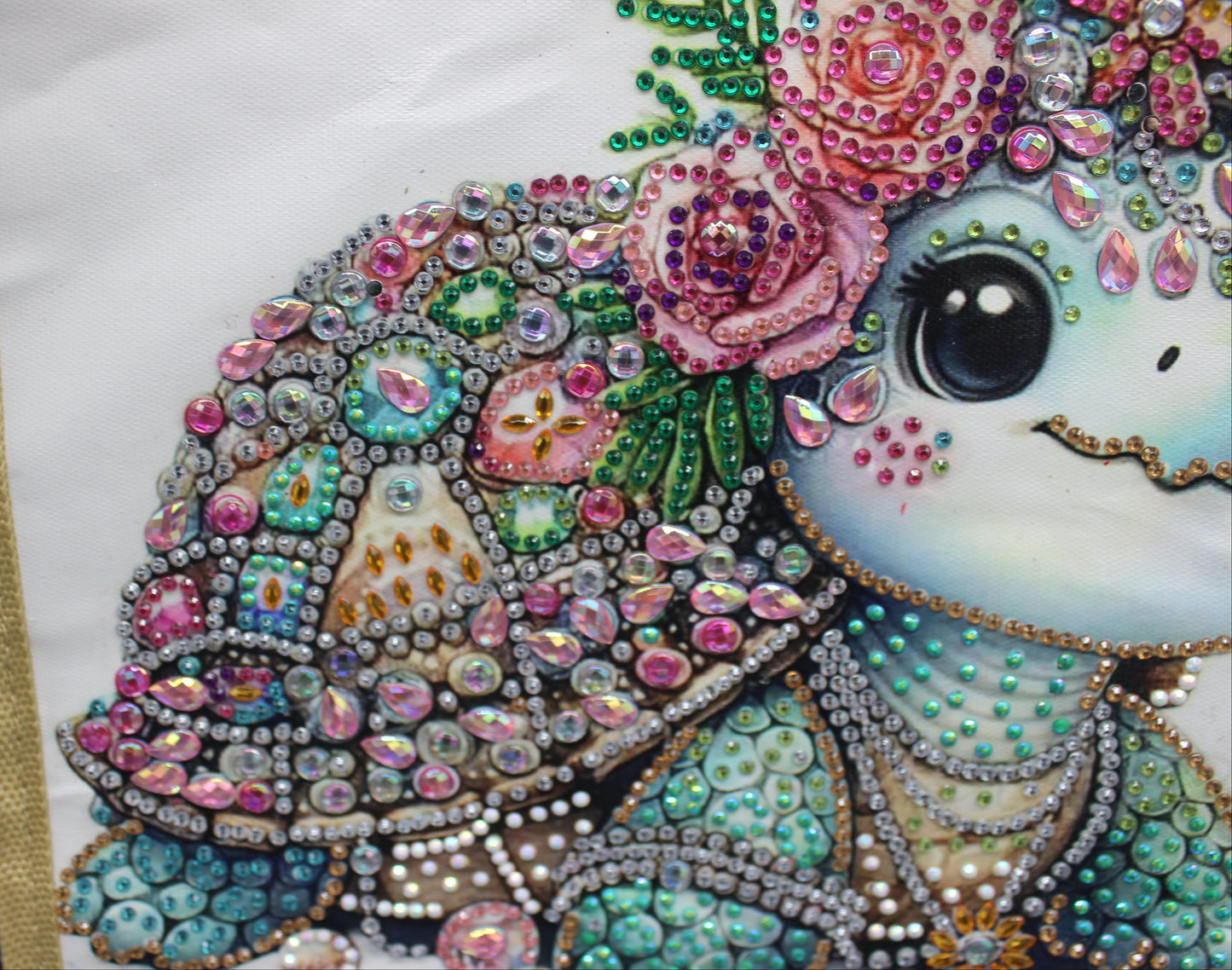 Canvas Bag with Colorful Baby Turtle Posing with Gems and Shells