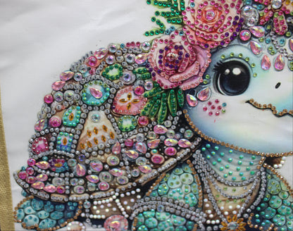 Canvas Bag with Colorful Baby Turtle Posing with Gems and Shells