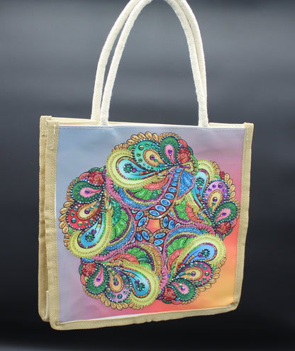 Canvas Bag with Colorful Swirling Flowers with Multiple Gems