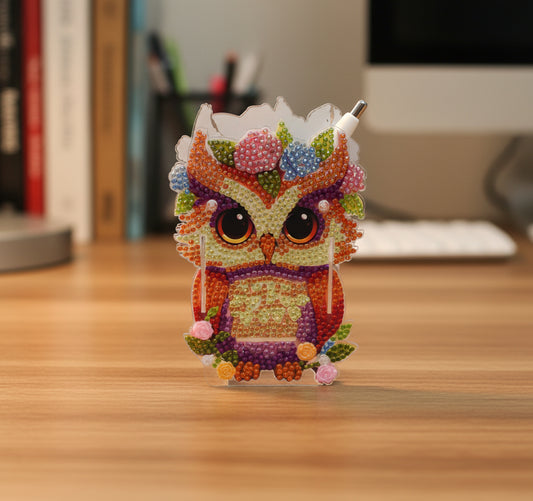 Diamond Art Multi Colored Small Owl Pen Holder Double Sided
