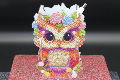 Diamond Art Multi Colored Small Owl Pen Holder Double Sided