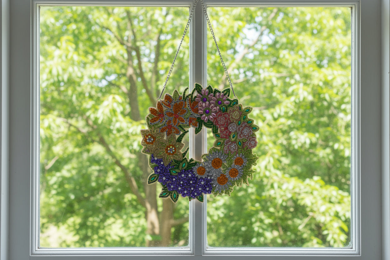 Diamond Art Hanging Pendant With a Flowered Spring Wreath