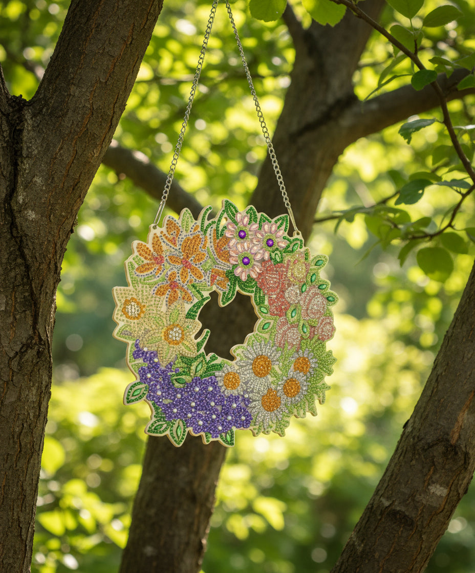 Diamond Art Hanging Pendant With a Flowered Spring Wreath