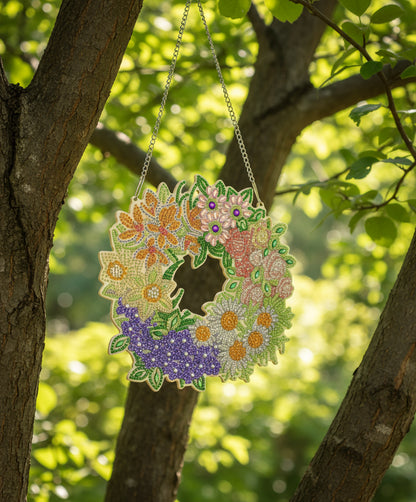 Diamond Art Hanging Pendant With a Flowered Spring Wreath