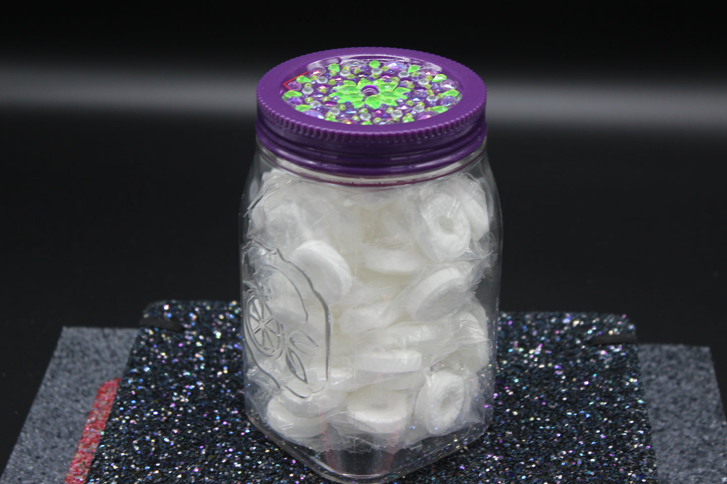 Diamond Art Custom Design Plastic Mason Jar with Custom Design Purple Lid with Green, Clear and Purple Stones
