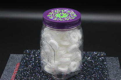 Diamond Art Custom Design Plastic Mason Jar with Custom Design Purple Lid with Green, Clear and Purple Stones