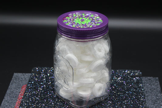Diamond Art Custom Design Plastic Mason Jar with Custom Design Purple Lid with Green, Clear and Purple Stones