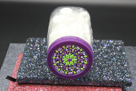 Diamond Art Custom Design Plastic Mason Jar with Custom Design Purple Lid with Green, Clear and Purple Stones