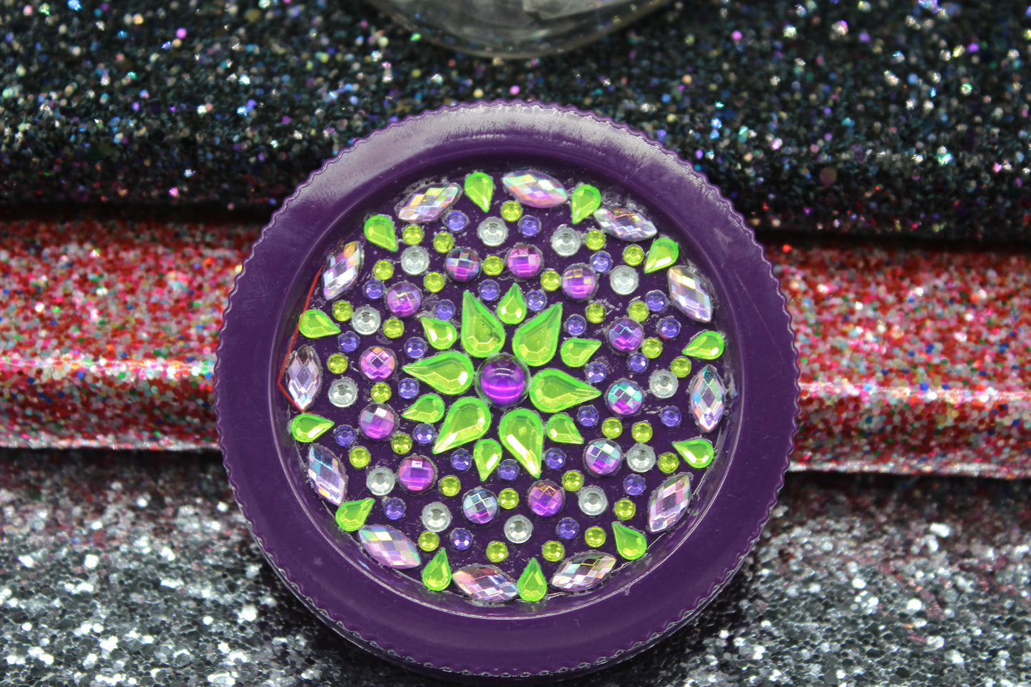Diamond Art Custom Design Plastic Mason Jar with Custom Design Purple Lid with Green, Clear and Purple Stones