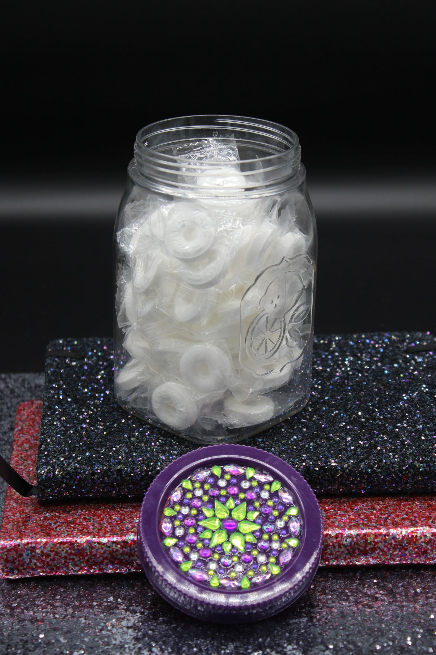 Diamond Art Custom Design Plastic Mason Jar with Custom Design Purple Lid with Green, Clear and Purple Stones