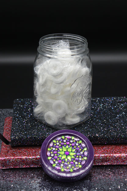 Diamond Art Custom Design Plastic Mason Jar with Custom Design Purple Lid with Green, Clear and Purple Stones