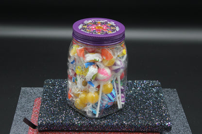 Diamond Art Custom Design Plastic Mason Jar with Custom Design Purple Lid with Pink, Clear and Yellow Gems