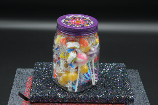 Diamond Art Custom Design Plastic Mason Jar with Custom Design Purple Lid with Pink, Clear and Yellow Gems
