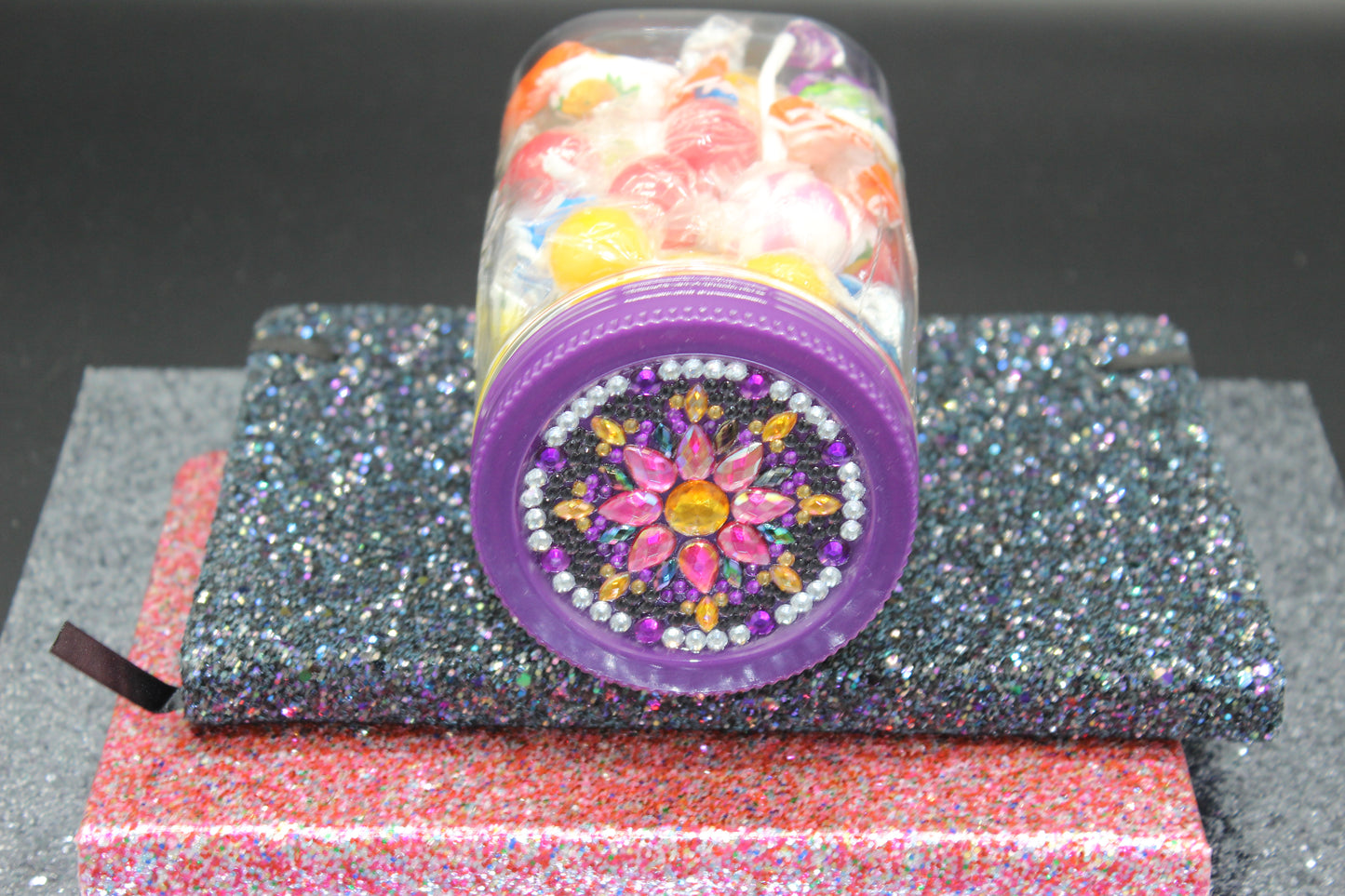 Diamond Art Custom Design Plastic Mason Jar with Custom Design Purple Lid with Pink, Clear and Yellow Gems