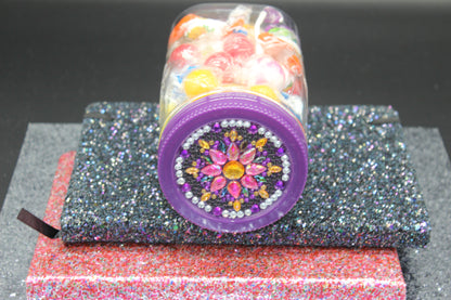 Diamond Art Custom Design Plastic Mason Jar with Custom Design Purple Lid with Pink, Clear and Yellow Gems