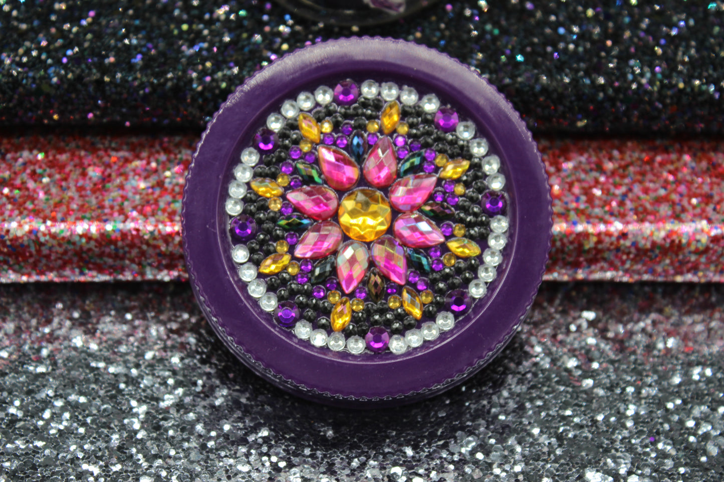 Diamond Art Custom Design Plastic Mason Jar with Custom Design Purple Lid with Pink, Clear and Yellow Gems