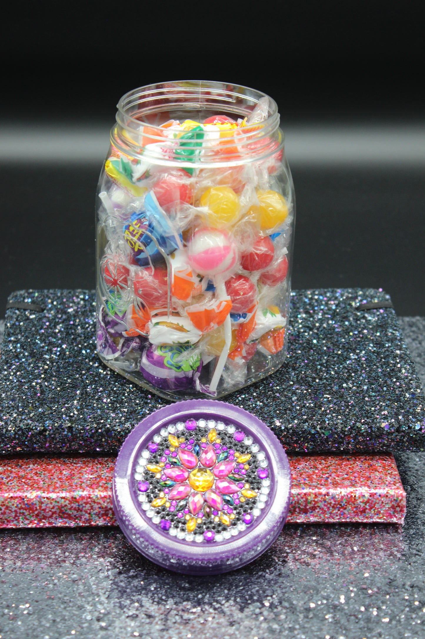 Diamond Art Custom Design Plastic Mason Jar with Custom Design Purple Lid with Pink, Clear and Yellow Gems