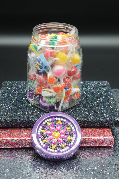 Diamond Art Custom Design Plastic Mason Jar with Custom Design Purple Lid with Pink, Clear and Yellow Gems