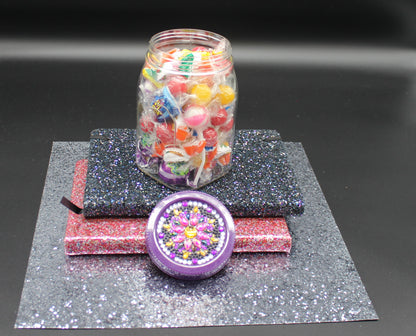 Diamond Art Custom Design Plastic Mason Jar with Custom Design Purple Lid with Pink, Clear and Yellow Gems