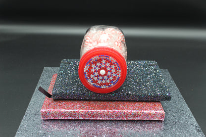 Diamond Art Custom Design Plastic Mason Jar with Custom Design Red Lid with Red and White and Blue Stones