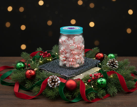 Diamond Art Custom Design Plastic Mason Jar with Custom Design Teal Lid with Purple and Clear Gems