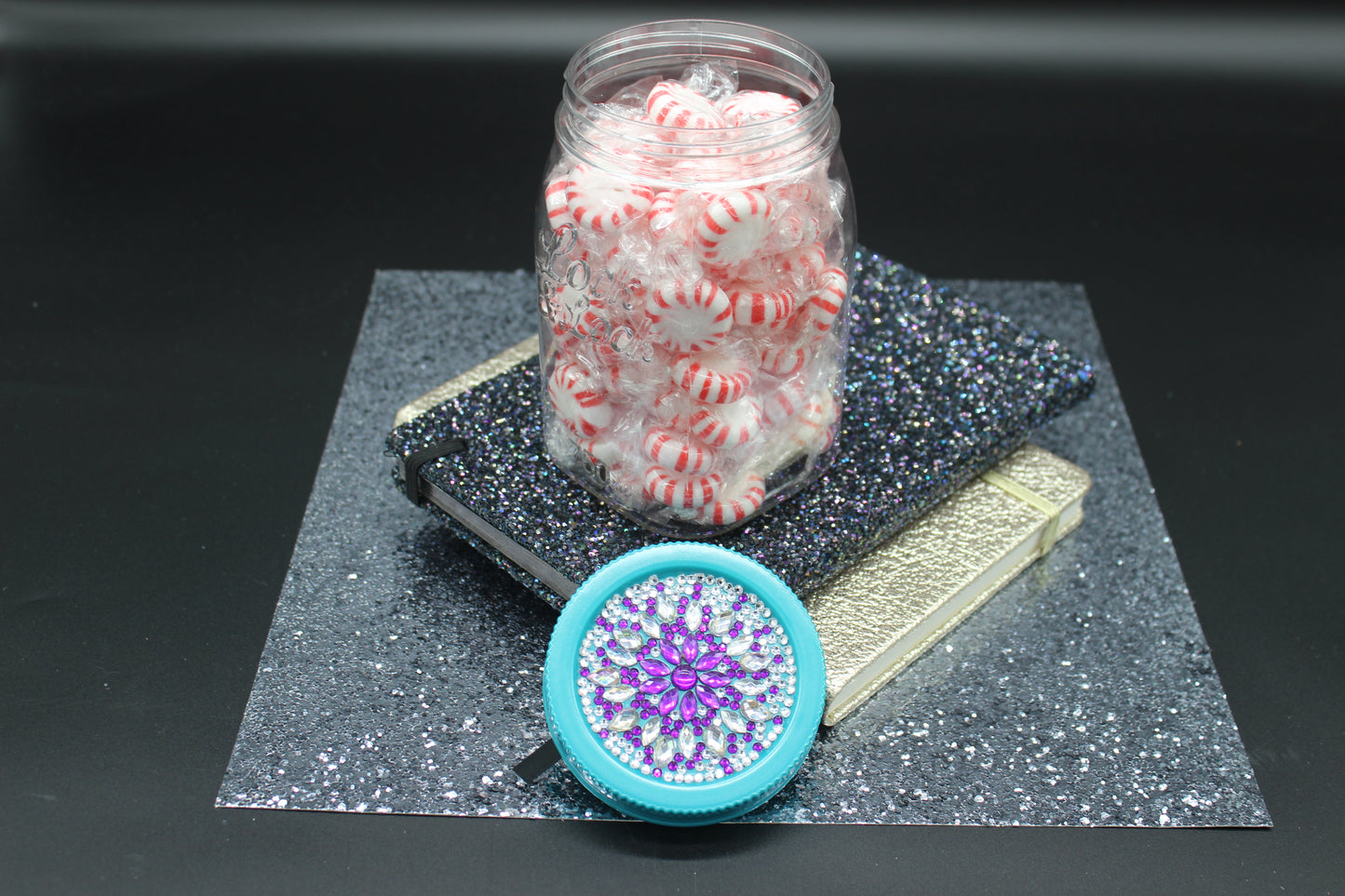 Diamond Art Custom Design Plastic Mason Jar with Custom Design Teal Lid with Purple and Clear Gems