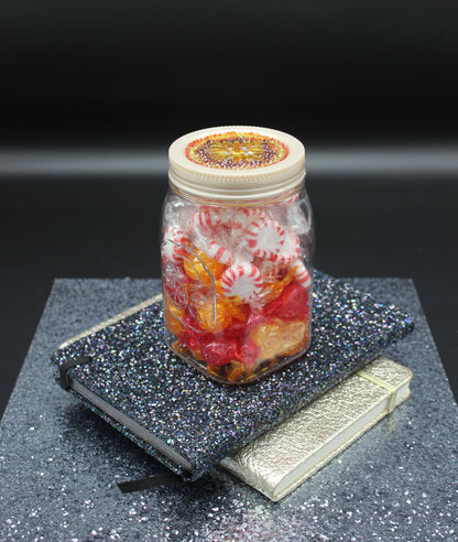 Diamond Art Custom Design Plastic Mason Jar with Custom Design Gold Lid with Gold, Yellow and Orange Gems