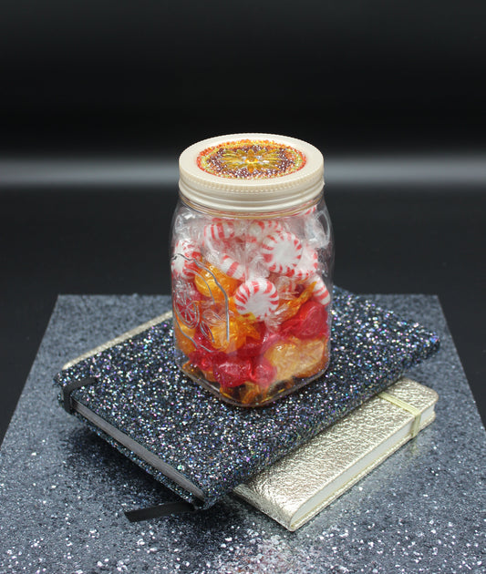 Diamond Art Custom Design Plastic Mason Jar with Custom Design Gold Lid with Gold, Yellow and Orange Gems