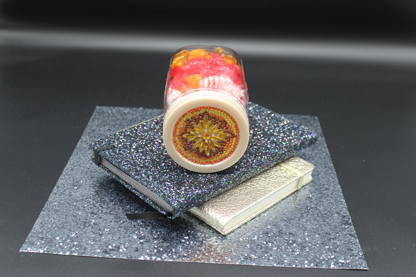 Diamond Art Custom Design Plastic Mason Jar with Custom Design Gold Lid with Gold, Yellow and Orange Gems