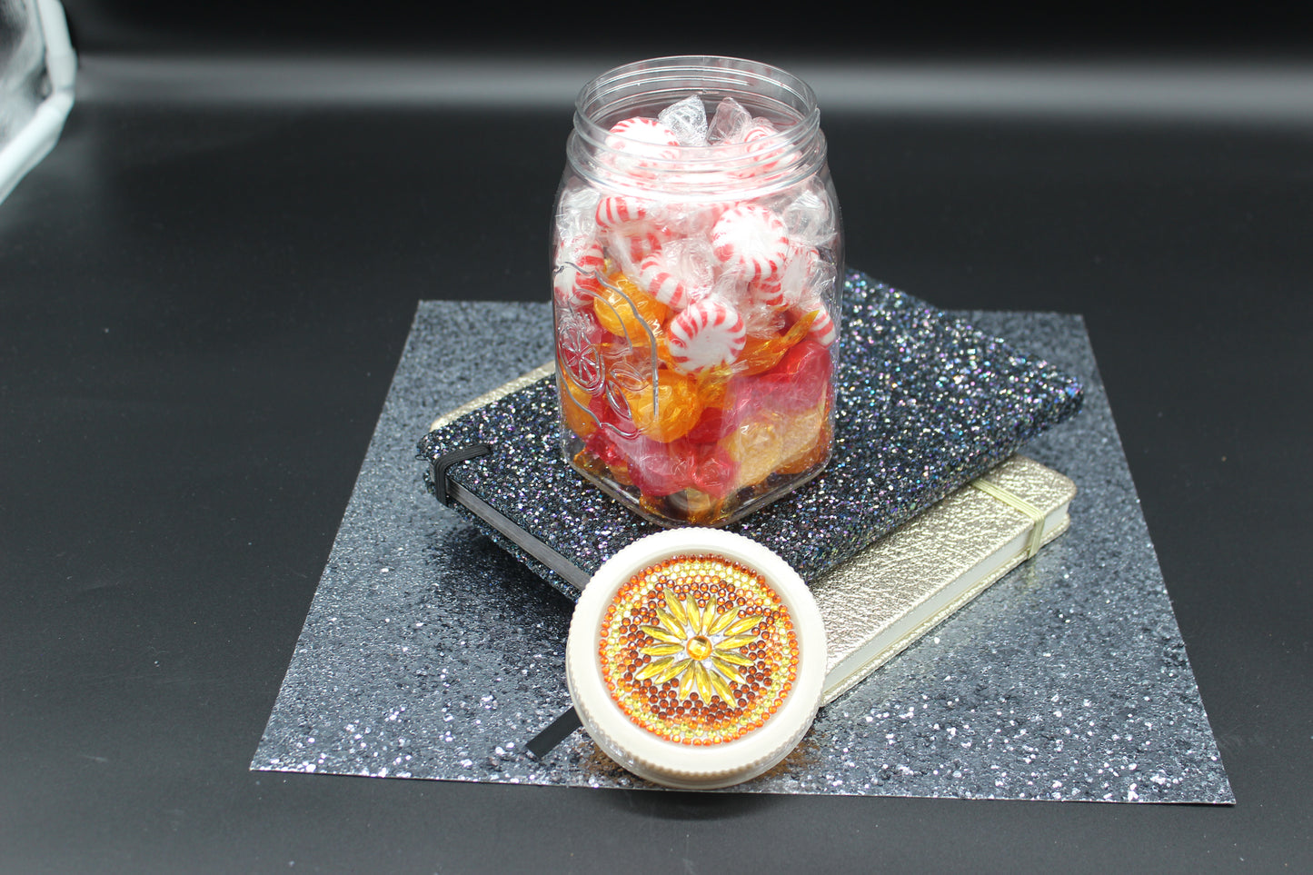 Diamond Art Custom Design Plastic Mason Jar with Custom Design Gold Lid with Gold, Yellow and Orange Gems