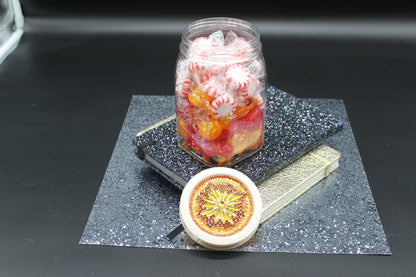 Diamond Art Custom Design Plastic Mason Jar with Custom Design Gold Lid with Gold, Yellow and Orange Gems