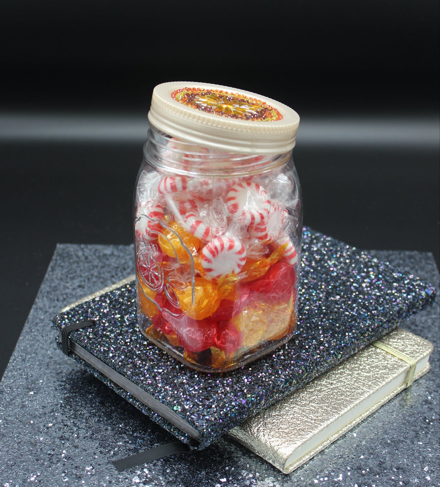 Diamond Art Custom Design Plastic Mason Jar with Custom Design Gold Lid with Gold, Yellow and Orange Gems