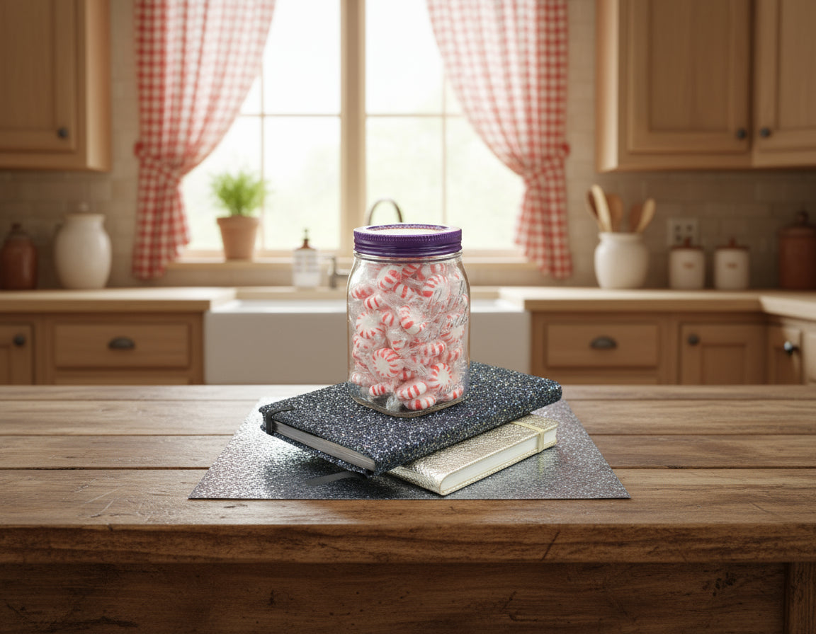 Diamond Art Custom Design Plastic Mason Jar with Custom Design Purple Lid with Red, Blue, Silver and Gold Gems