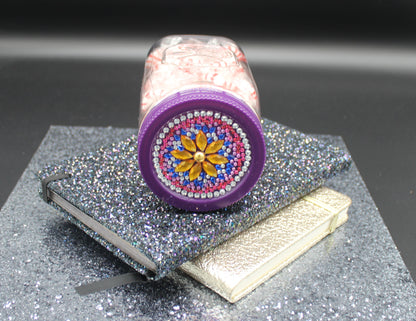 Diamond Art Custom Design Plastic Mason Jar with Custom Design Purple Lid with Red, Blue, Silver and Gold Gems
