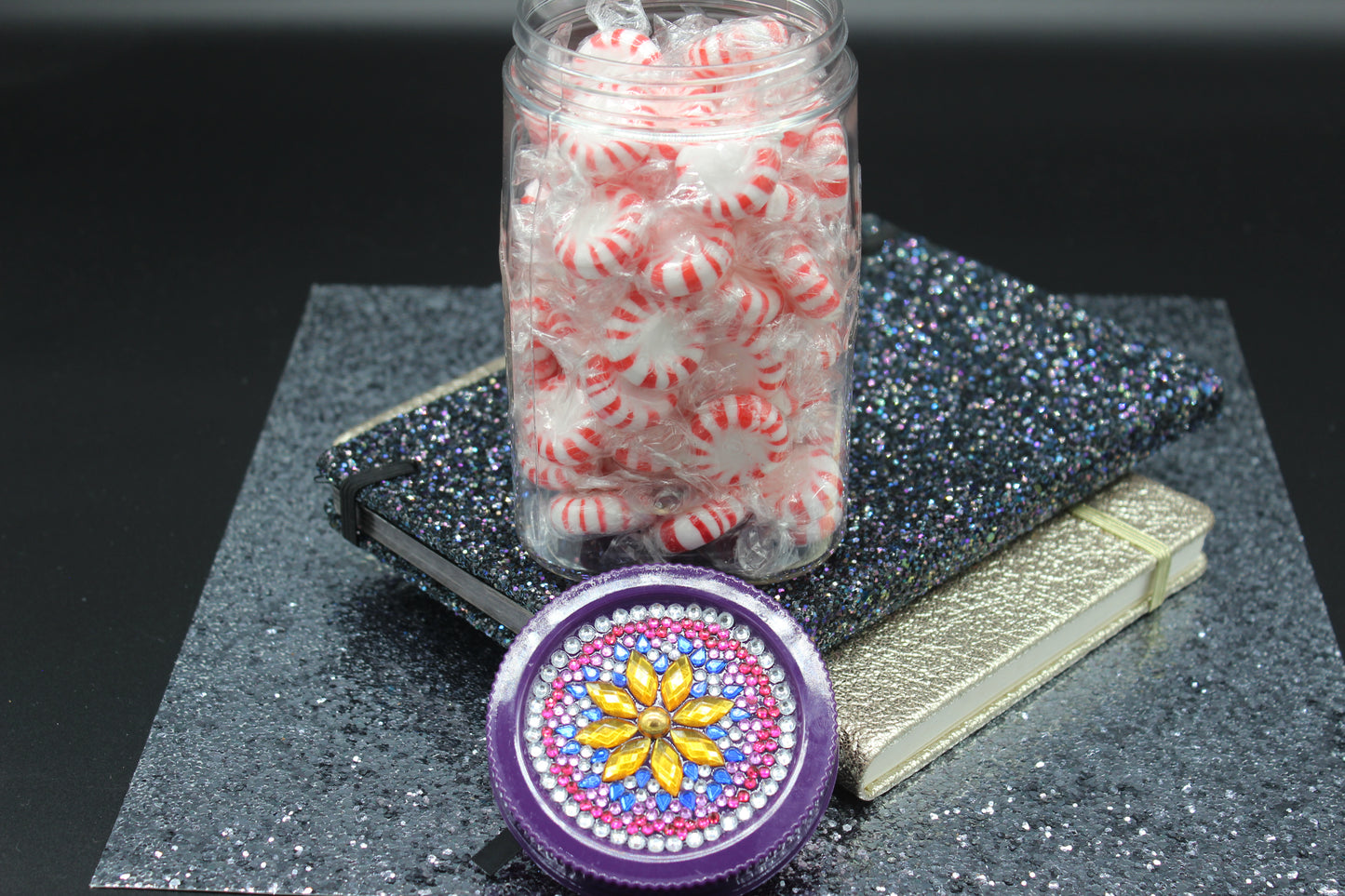 Diamond Art Custom Design Plastic Mason Jar with Custom Design Purple Lid with Red, Blue, Silver and Gold Gems