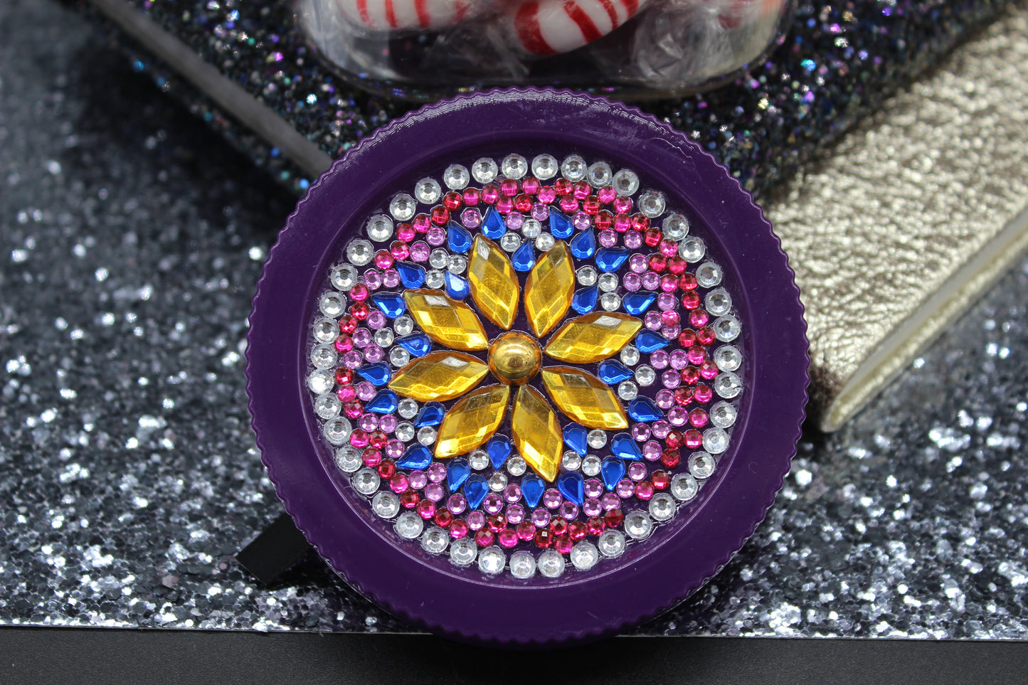 Diamond Art Custom Design Plastic Mason Jar with Custom Design Purple Lid with Red, Blue, Silver and Gold Gems
