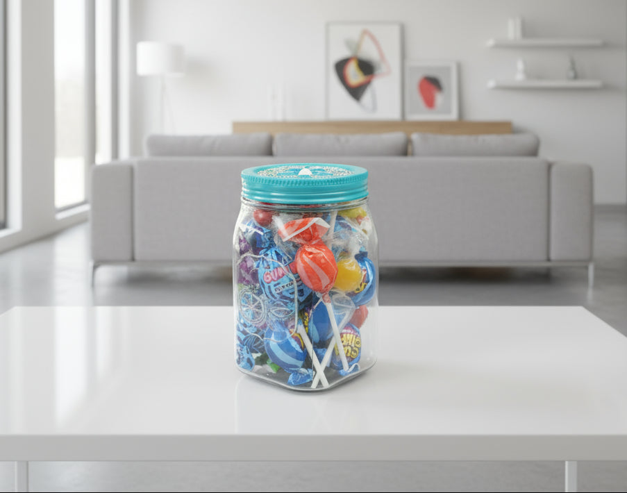 Diamond Art Custom Design Plastic Mason Jar with Custom Design Teal Lid with Green, Silver and Light Blue Gems