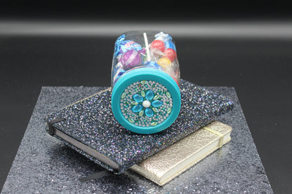 Diamond Art Custom Design Plastic Mason Jar with Custom Design Teal Lid with Green, Silver and Light Blue Gems