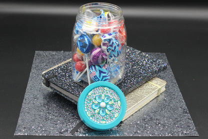 Diamond Art Custom Design Plastic Mason Jar with Custom Design Teal Lid with Green, Silver and Light Blue Gems
