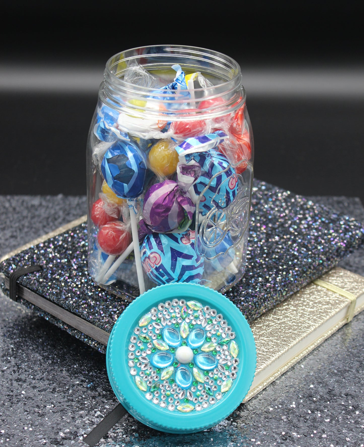 Diamond Art Custom Design Plastic Mason Jar with Custom Design Teal Lid with Green, Silver and Light Blue Gems