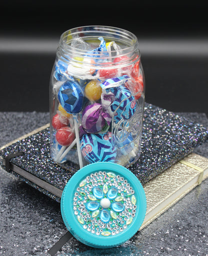 Diamond Art Custom Design Plastic Mason Jar with Custom Design Teal Lid with Green, Silver and Light Blue Gems