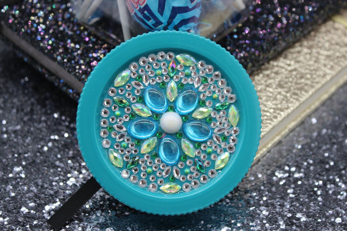 Diamond Art Custom Design Plastic Mason Jar with Custom Design Teal Lid with Green, Silver and Light Blue Gems
