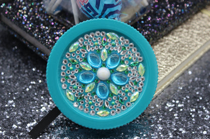 Diamond Art Custom Design Plastic Mason Jar with Custom Design Teal Lid with Green, Silver and Light Blue Gems
