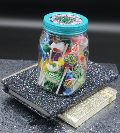 Diamond Art Custom Design Plastic Mason Jar with Custom Design Teal Lid with Green, Purple and Clear Gems