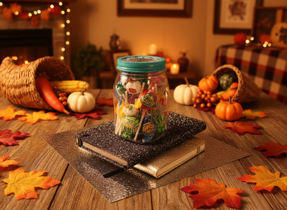 Diamond Art Custom Design Plastic Mason Jar with Custom Design Teal Lid with Green, Purple and Clear Gems