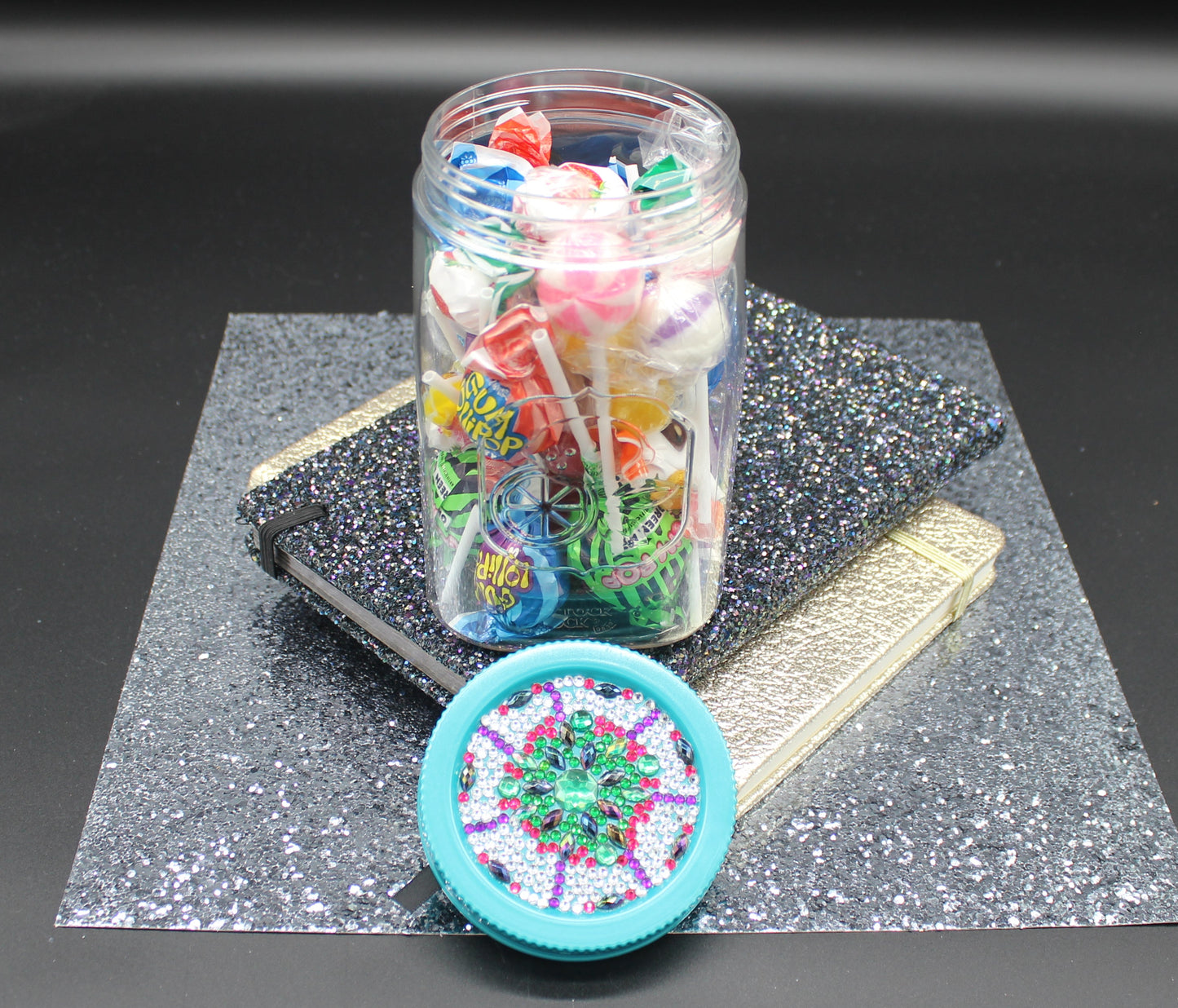 Diamond Art Custom Design Plastic Mason Jar with Custom Design Teal Lid with Green, Purple and Clear Gems