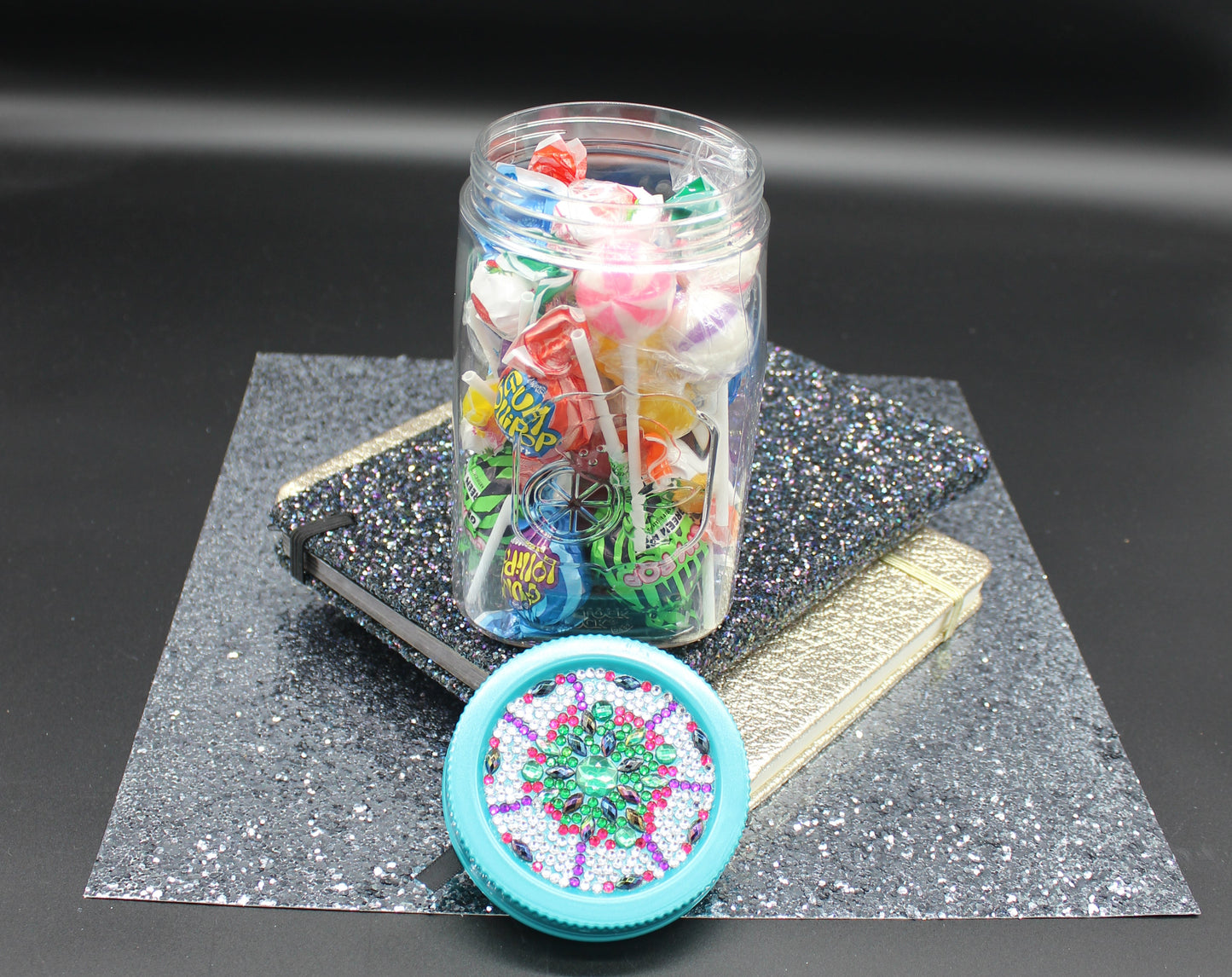 Diamond Art Custom Design Plastic Mason Jar with Custom Design Teal Lid with Green, Purple and Clear Gems