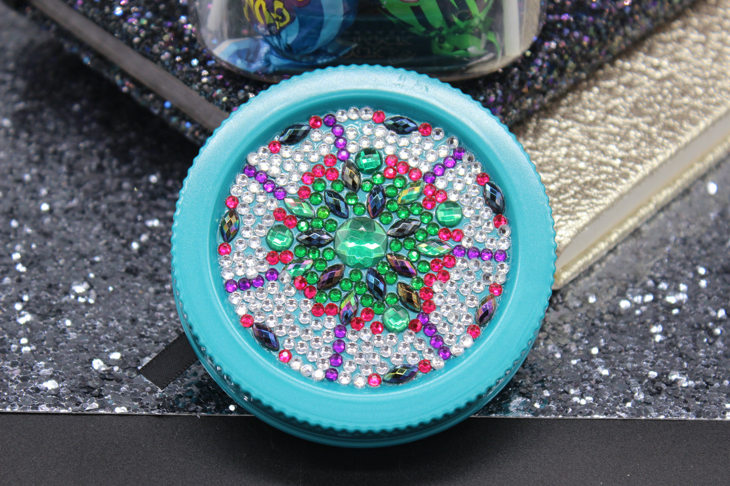 Diamond Art Custom Design Plastic Mason Jar with Custom Design Teal Lid with Green, Purple and Clear Gems